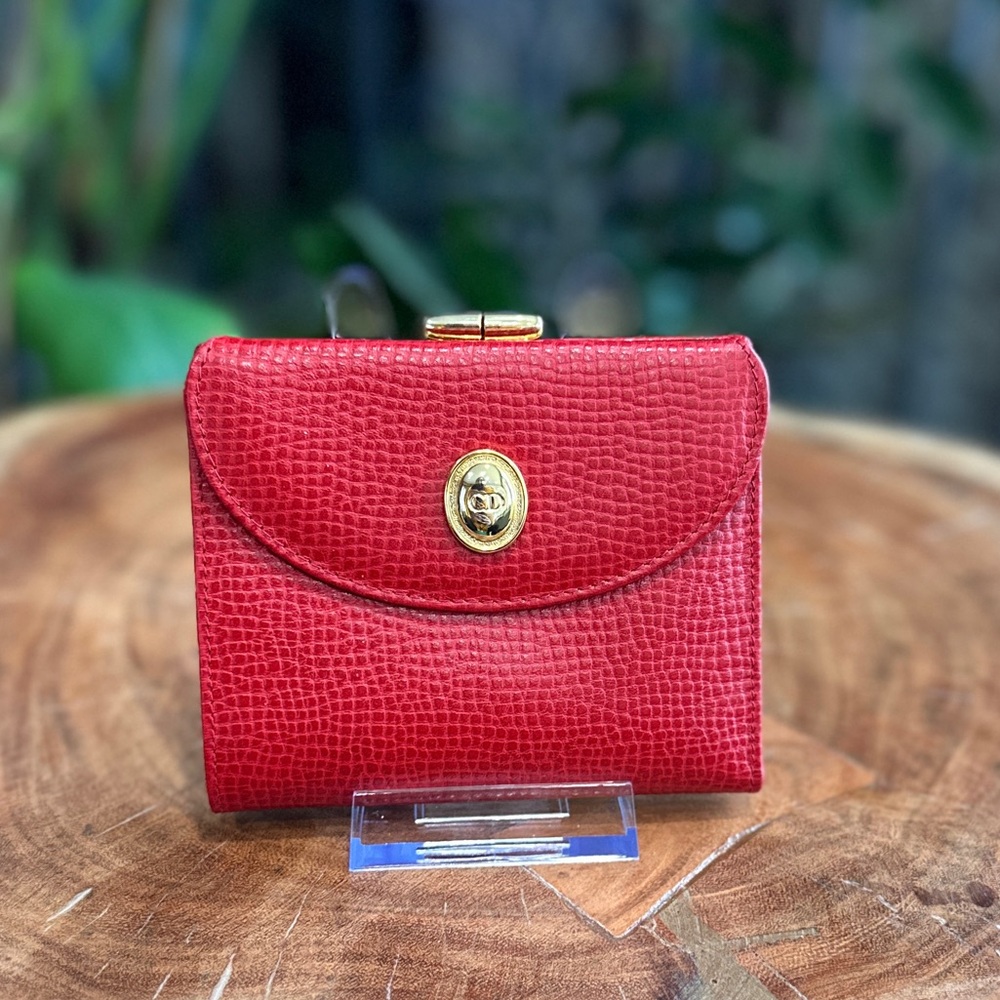 Vintage Christian Dior Red Leather Trifold Wallet Gold Medallion Paris - Picture 3 of 10